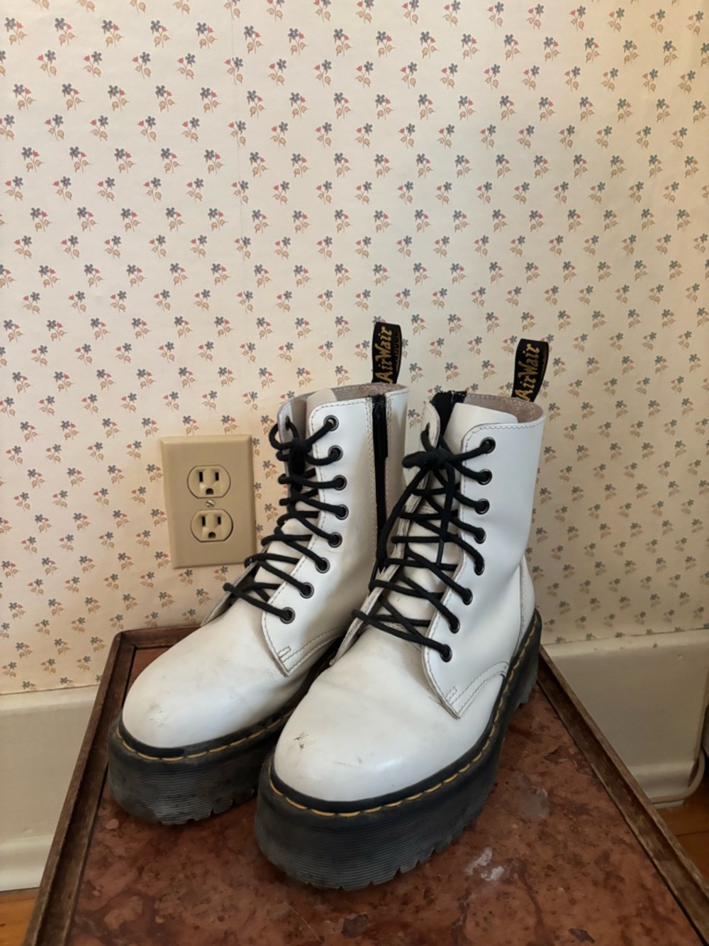 Dr. Martens White Platform Lace-Up Boots with Black Laces